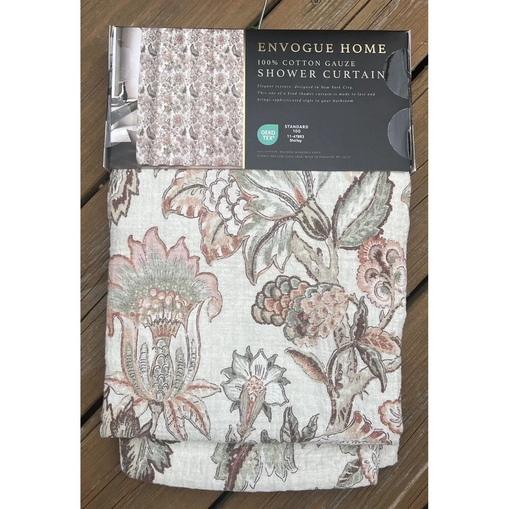 ENVOGUE HOME SHOWER CURTAIN FLORAL 100% COTTON Gauze Fall Green Rusty Brown New